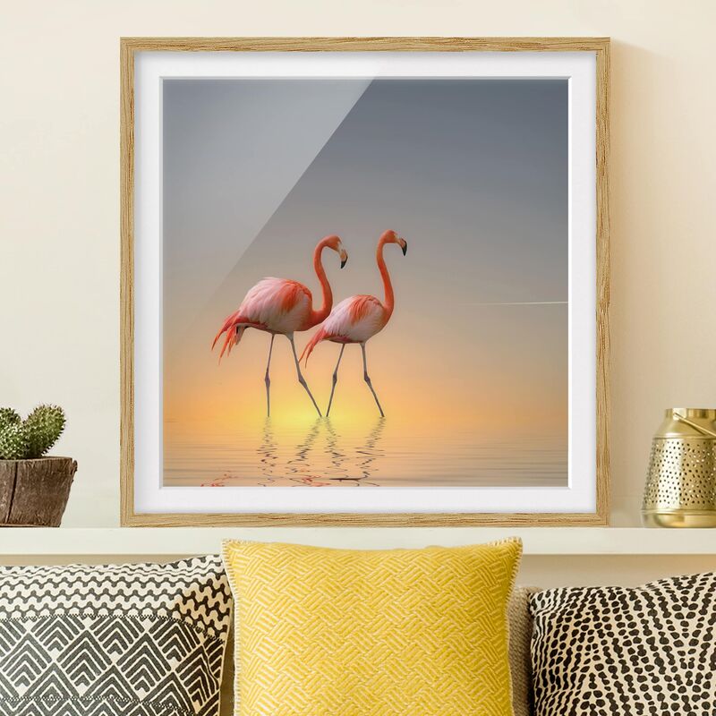 

Póster enmarcado - Flamingo Love Dimensión LxA: 20cm x 20cm, Marco: Roble