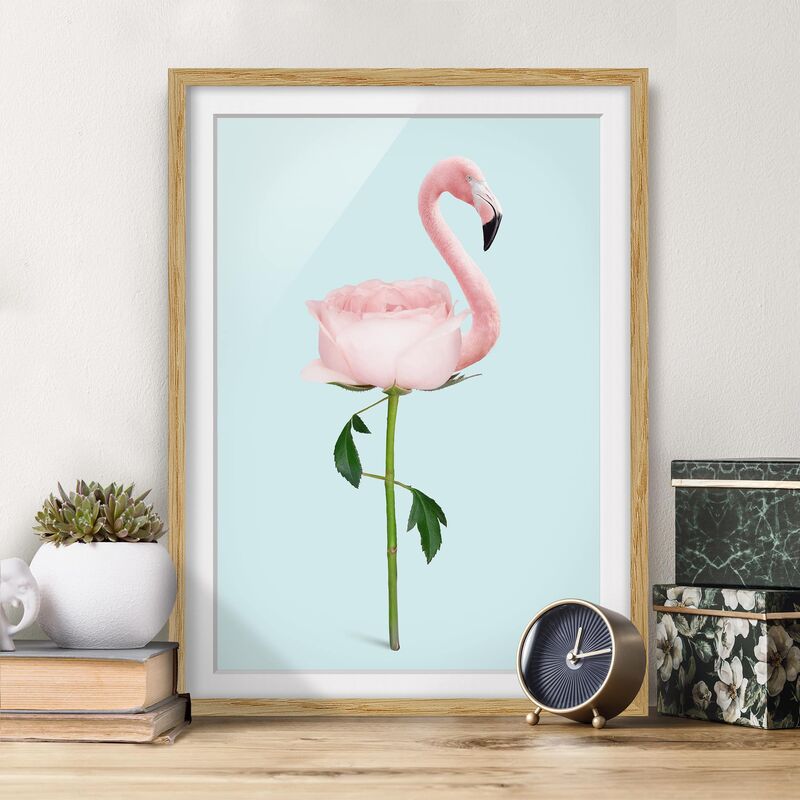 

Póster enmarcado - Flamingo con Rosa Dimensión LxA: 100cm x 70cm, Marco: Roble