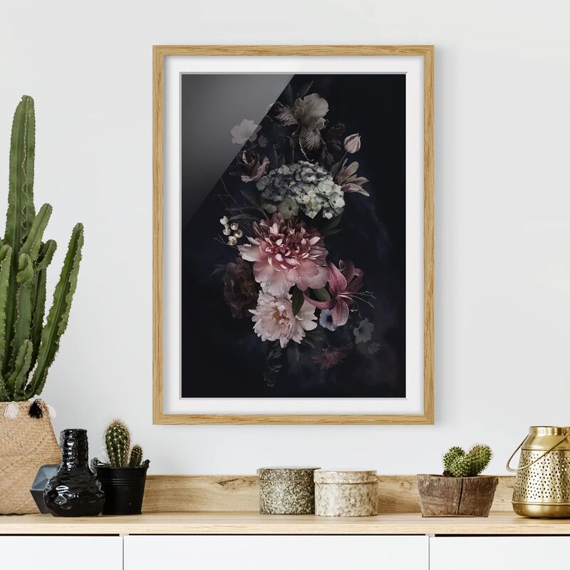 

Póster enmarcado - Fiori con la nebbia in Nero Dimensión LxA: 24cm x 18cm, Marco: Roble