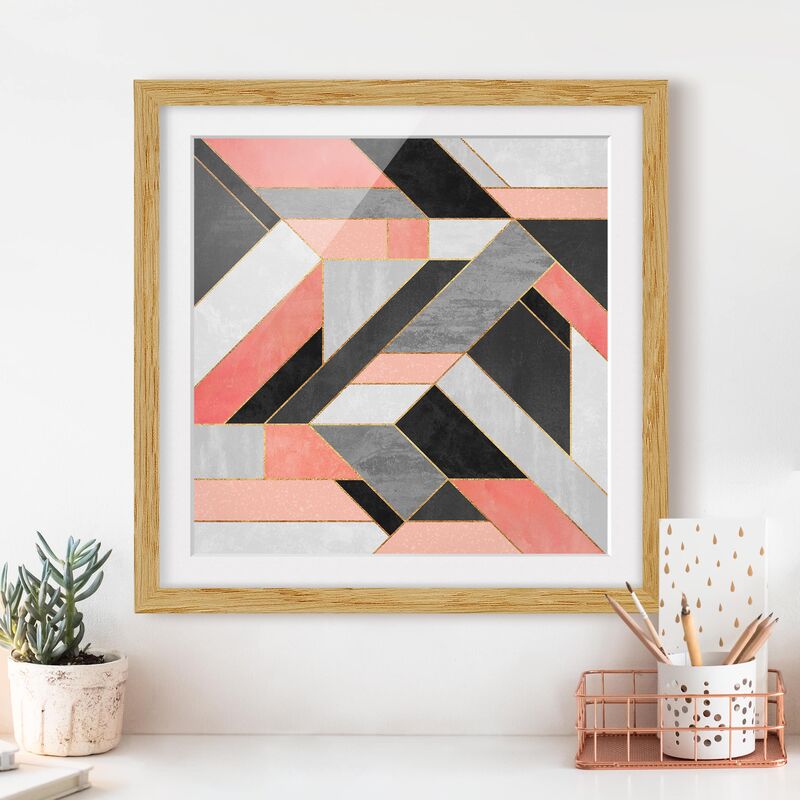 

Póster enmarcado - Geometria rosa e oro Dimensión LxA: 20cm x 20cm, Marco: Roble
