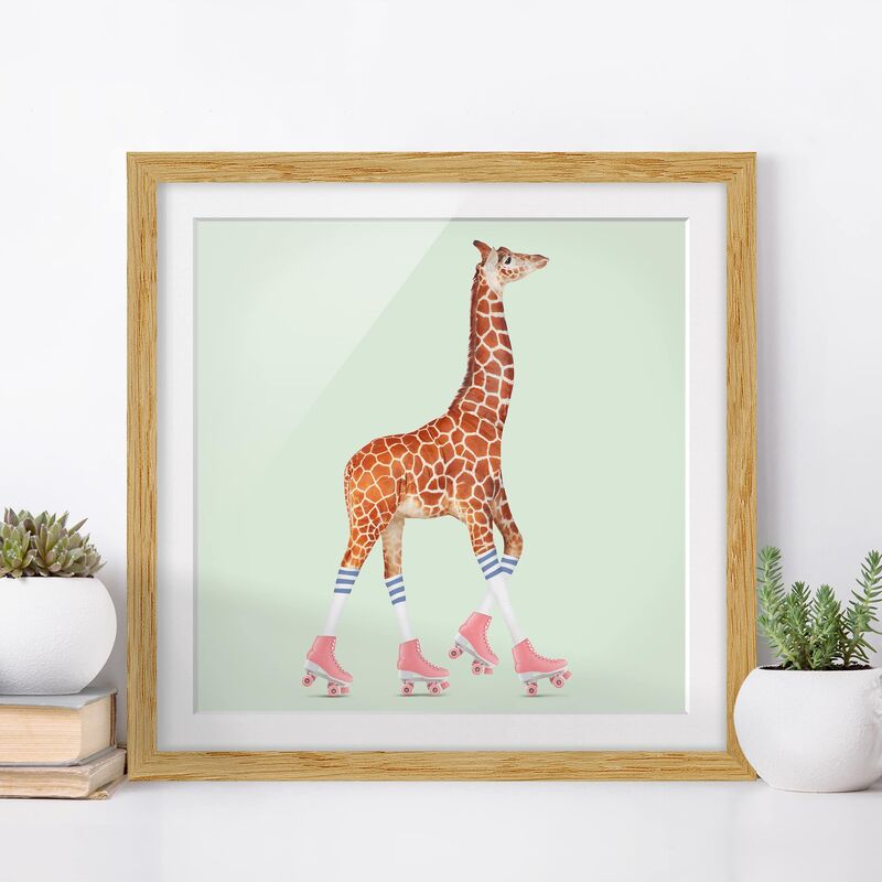 

Póster enmarcado - Giraffa con Pattini a rotelle Dimensión LxA: 70cm x 70cm, Marco: Roble