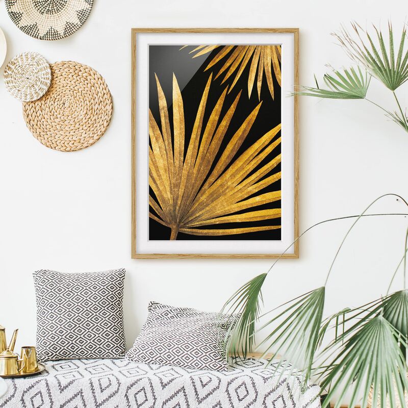 

Póster enmarcado - Gold - Palm Leaf On Black Dimensión LxA: 100cm x 70cm, Marco: Roble