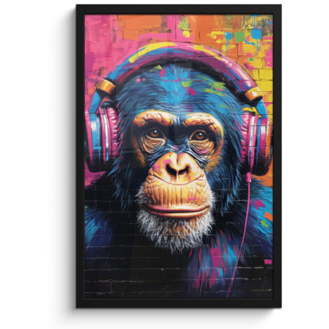 PÓSTER ENMARCADO Graffiti - Chimpancé - Arte callejero - Auriculares - Mono Decoracion Pared Salon 40x60