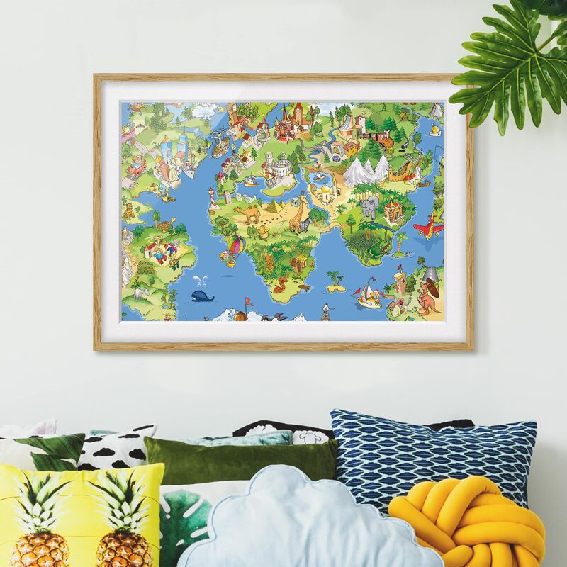 

Póster enmarcado - Great And Funny Worldmap Dimensión LxA: 40cm x 55cm, Marco: Roble