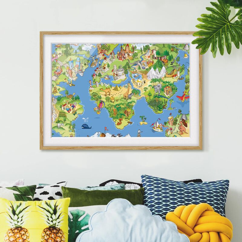 

Póster enmarcado - Great And Funny Worldmap Dimensión LxA: 50cm x 70cm, Marco: Roble