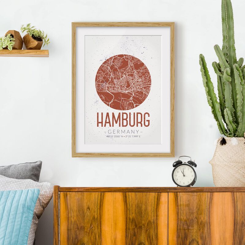 

Póster enmarcado - Hamburg City Map - Retro Dimensión LxA: 55cm x 40cm, Marco: Roble