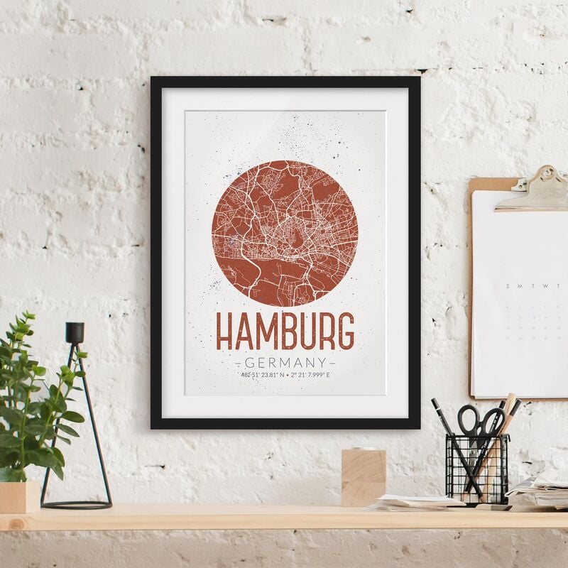 

Póster enmarcado - Hamburg City Map - Retro Dimensión LxA: 70cm x 50cm, Marco: Negro