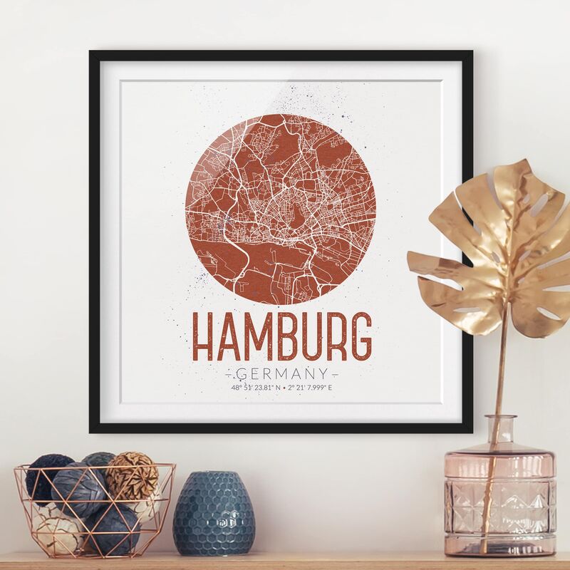 

Póster enmarcado - Hamburg City Map - Retro Dimensión LxA: 50cm x 50cm, Marco: Negro