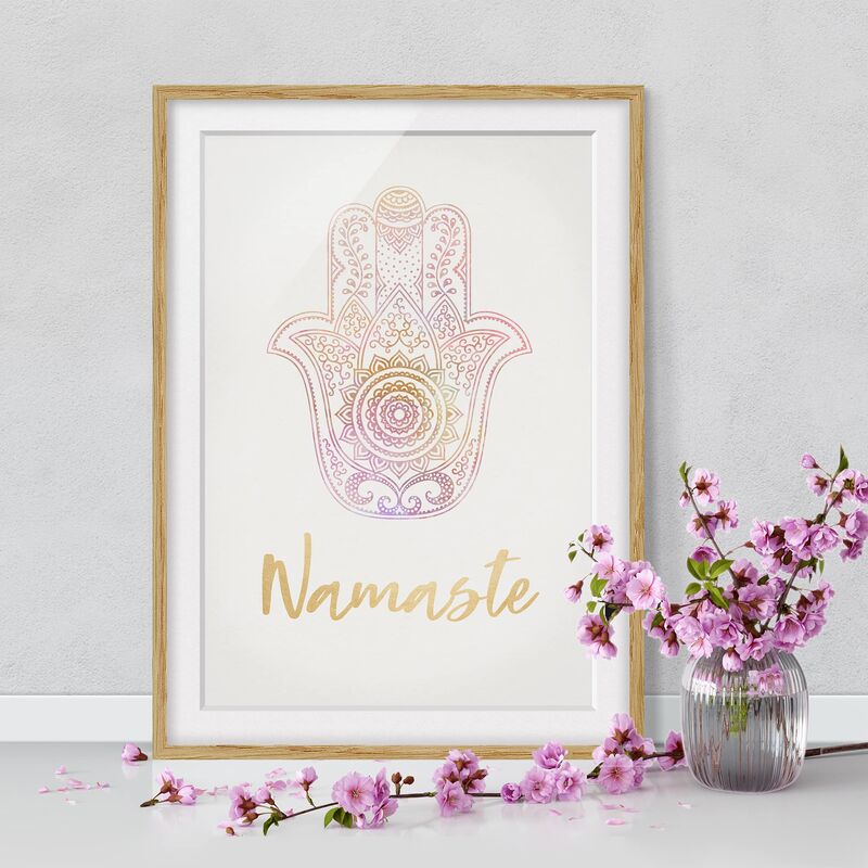 

Póster enmarcado - Illustrazione Hamsa mano Namaste oro rosa Dimensión LxA: 70cm x 50cm, Marco: Roble