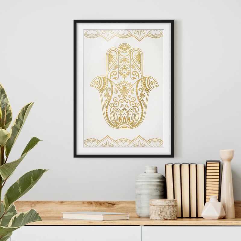 

Póster enmarcado - Illustrazione Hamsa mano oro bianco Dimensión LxA: 70cm x 50cm, Marco: Negro