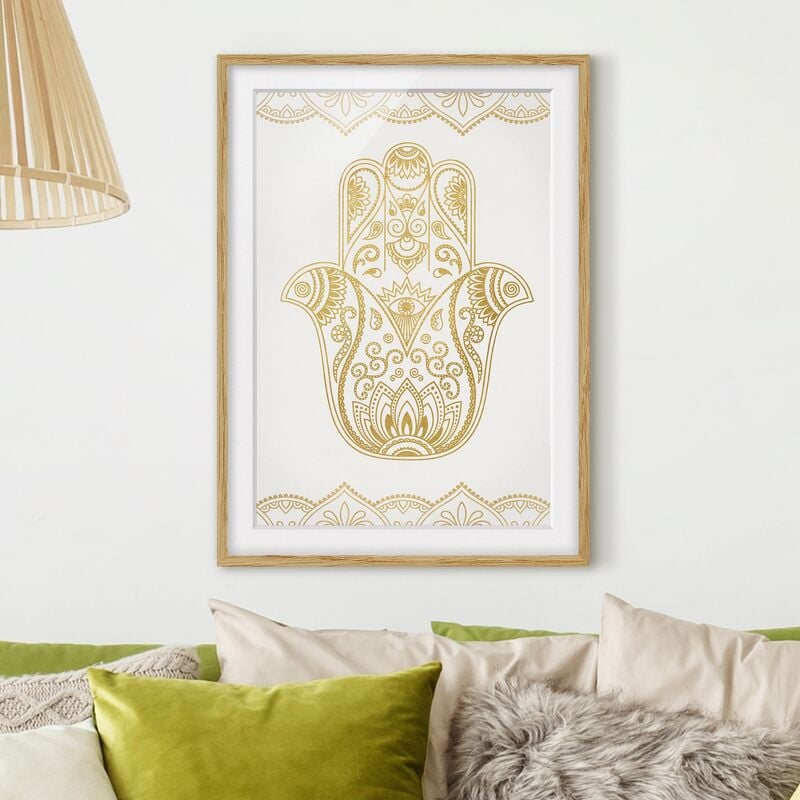 

Póster enmarcado - Illustrazione Hamsa mano oro bianco Dimensión LxA: 24cm x 18cm, Marco: Roble
