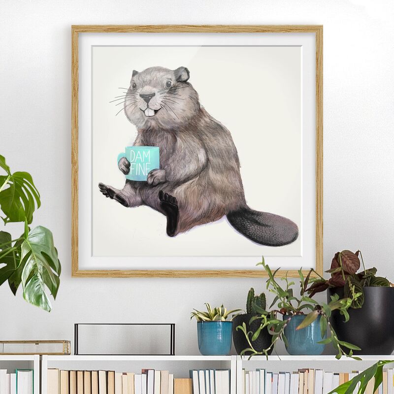 

Póster enmarcado - Illustrazione Beaver con tazza di caffè Dimensión LxA: 30cm x 30cm, Marco: Roble