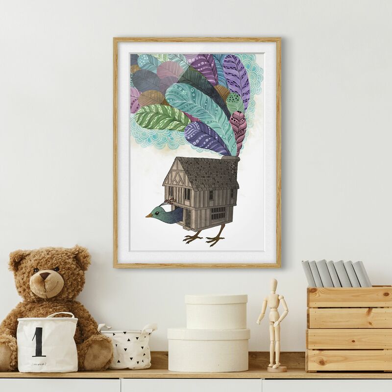

Póster enmarcado - Illustrazione Bird House con le piume Dimensión LxA: 70cm x 50cm, Marco: Roble