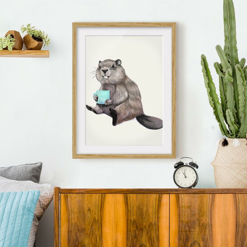 

Póster enmarcado - Illustrazione Beaver con tazza di caffè Dimensión LxA: 70cm x 50cm, Marco: Roble