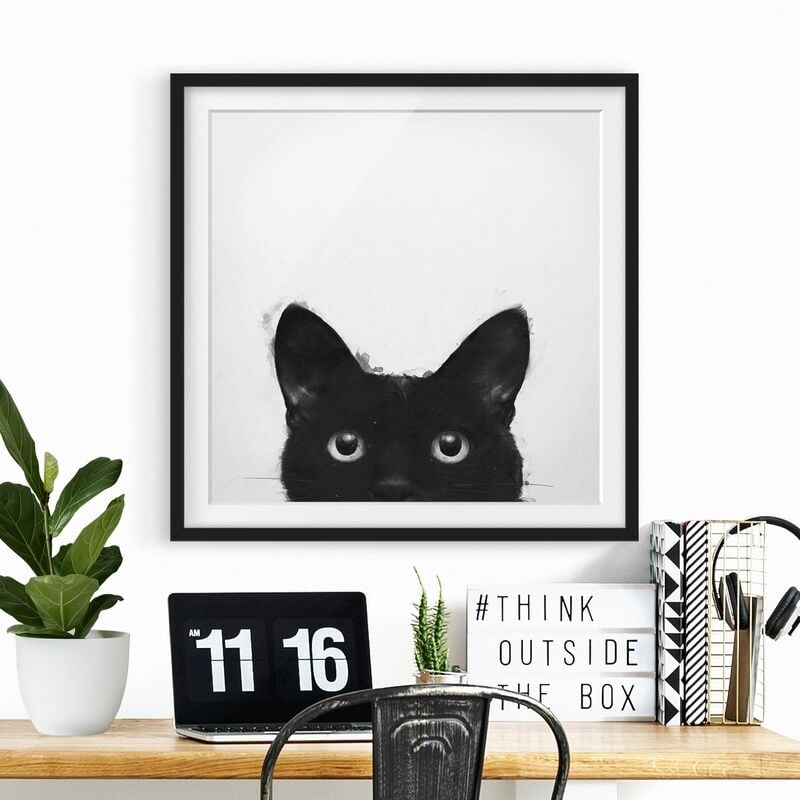 

Póster enmarcado - Illustrazione pittura Gatto nero su bianco Dimensión LxA: 70cm x 70cm, Marco: Negro