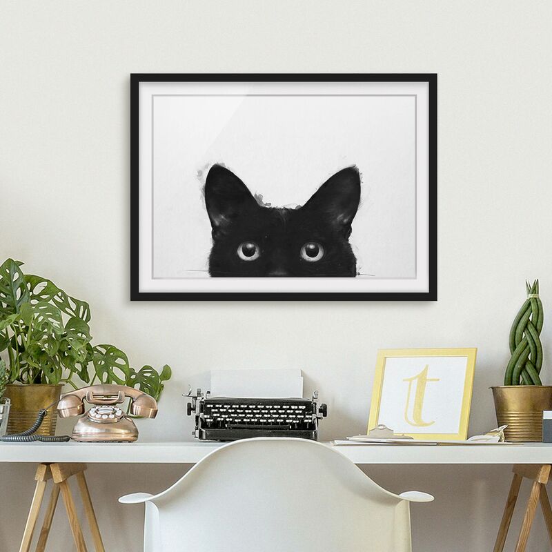 

Póster enmarcado - Illustrazione pittura Gatto nero su bianco Dimensión LxA: 40cm x 55cm, Marco: Negro