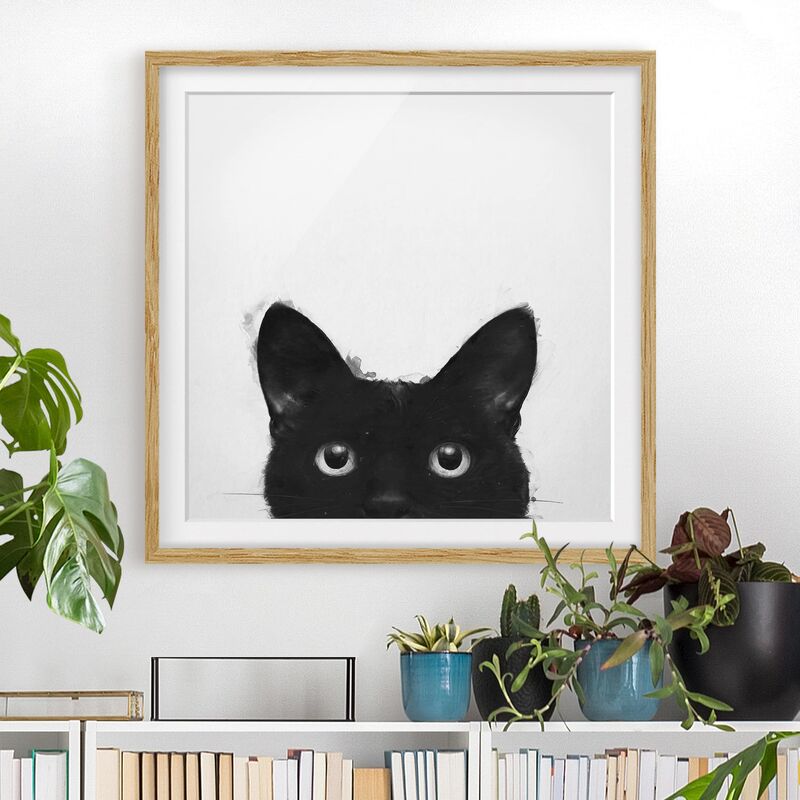 

Póster enmarcado - Illustrazione pittura Gatto nero su bianco Dimensión LxA: 30cm x 30cm, Marco: Roble