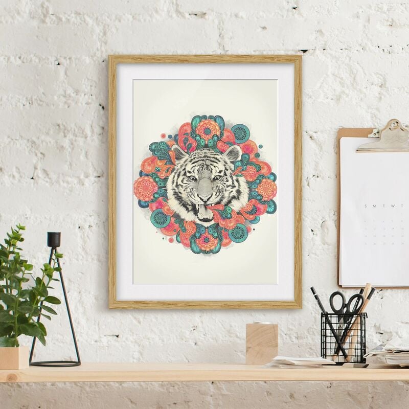 

Póster enmarcado - Illustrazione Tiger disegno Mandala Paisley Dimensión LxA: 100cm x 70cm, Marco: Roble