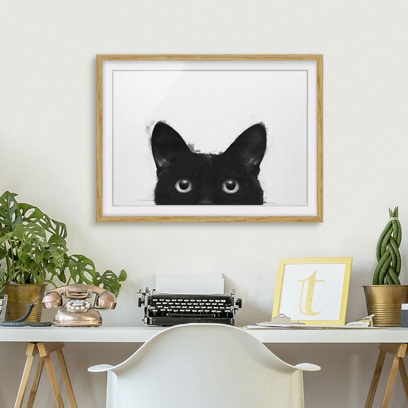 

Póster enmarcado - Illustrazione pittura Gatto nero su bianco Dimensión LxA: 70cm x 100cm, Marco: Roble