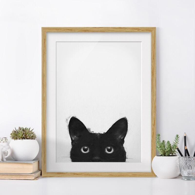 

Póster enmarcado - Illustrazione pittura Gatto nero su bianco Dimensión LxA: 24cm x 18cm, Marco: Roble