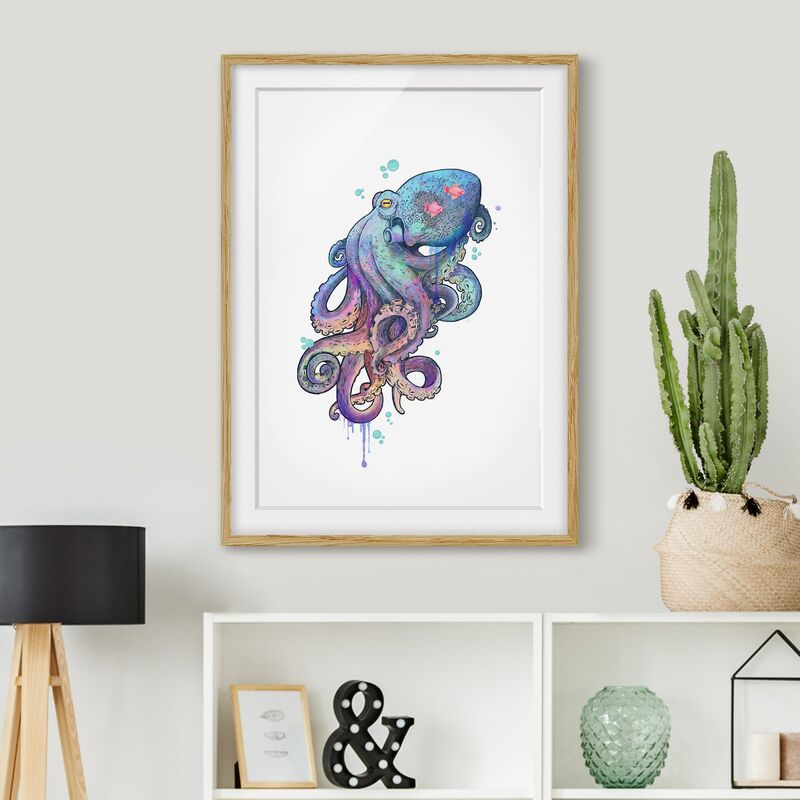 

Póster enmarcado - Illustrazione Octopus Viola Turchese Pittura Dimensión LxA: 100cm x 70cm, Marco: Roble