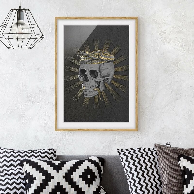 

Póster enmarcado - Illustrazione Cranio e serpente Black Gold Dimensión LxA: 24cm x 18cm, Marco: Roble