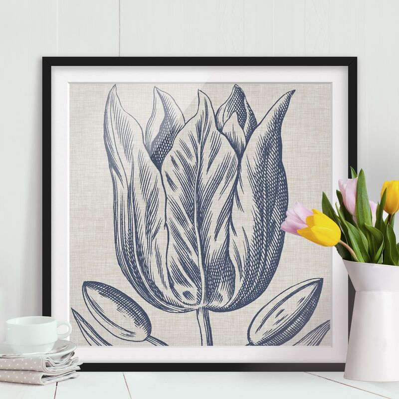 

Póster enmarcado - Indigo Blossom On Linen II Dimensión LxA: 20cm x 20cm, Marco: Negro