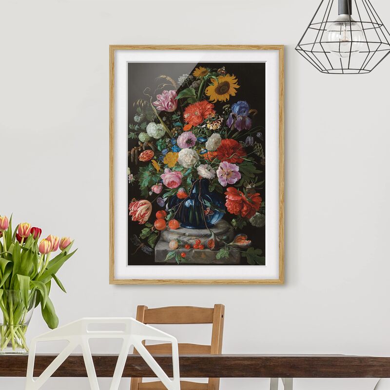 

Póster enmarcado - Jan Davidsz De Heem - Tulips, A Sunflower, An Iris And Other Flowers In A Glass Vase On The Marble Base Of A Column Dimensión LxA: