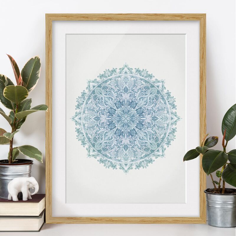 

Póster enmarcado - Mandala Acquerello ornamento a mano del turchese verniciato Dimensión LxA: 100cm x 70cm, Marco: Roble