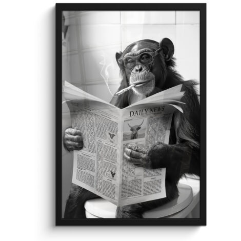 PÓSTER ENMARCADO Mono - WC - Periódico - Blanco y negro - Humor Decoracion Pared Salon 40x60
