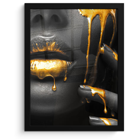 PÓSTER ENMARCADO Mujer - Negro - Oro - Cara - Labios Decorativos de Salon 30x40