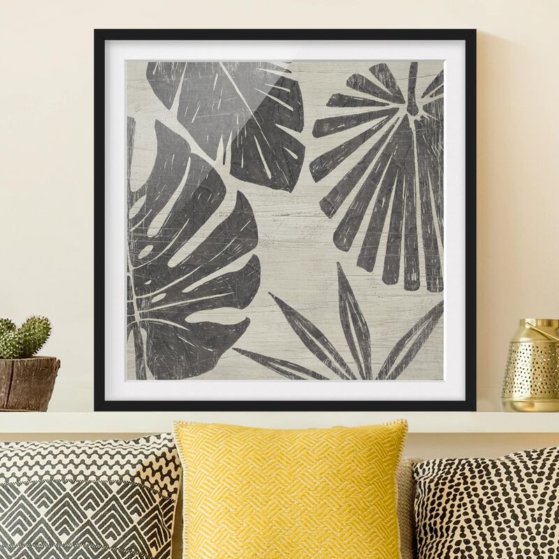 

Póster enmarcado - Palm Leaves In Front Of Light Gray Dimensión LxA: 70cm x 70cm, Marco: Negro