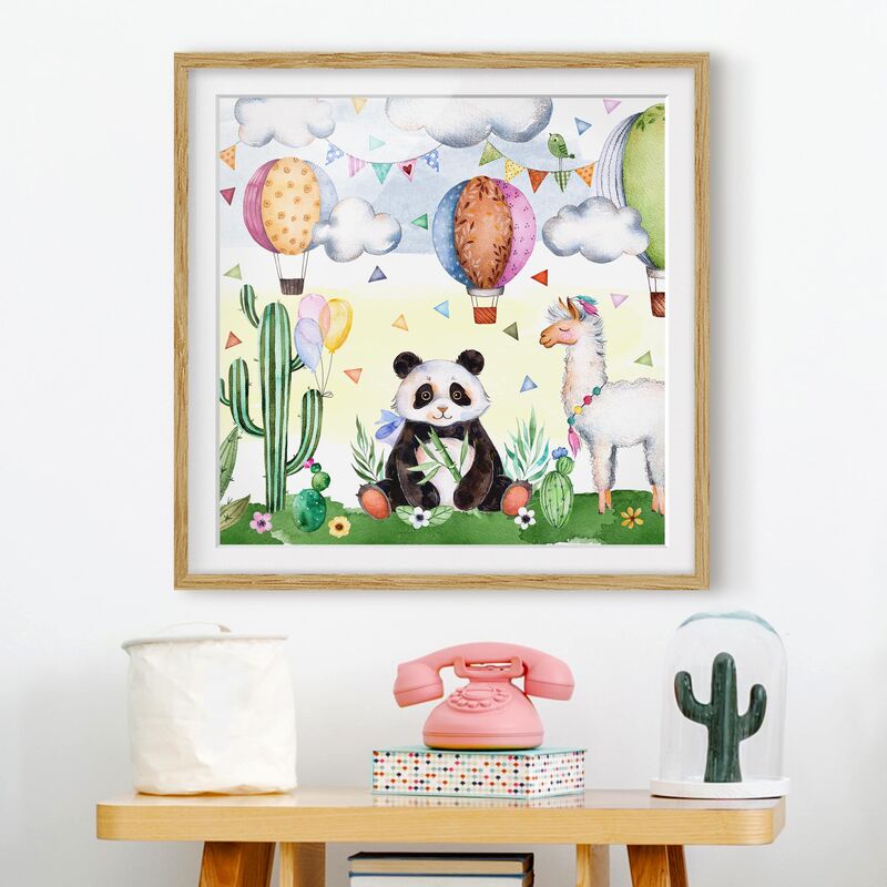 

Póster enmarcado - Panda And Lama Watercolor Dimensión LxA: 70cm x 70cm, Marco: Roble