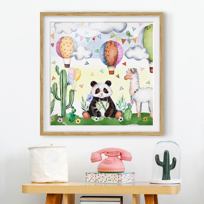 

Póster enmarcado - Panda And Lama Watercolor Dimensión LxA: 20cm x 20cm, Marco: Roble