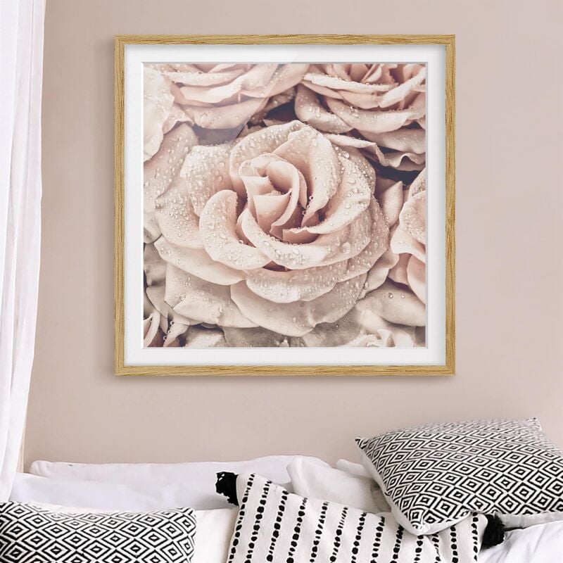 

Póster enmarcado - Roses seppia con gocce d'acqua Dimensión LxA: 50cm x 50cm, Marco: Roble