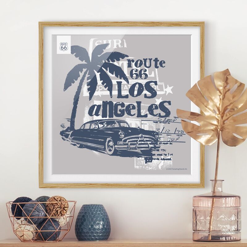 

Póster enmarcado - Route 66 - auto storiche con Palm Dimensión LxA: 50cm x 50cm, Marco: Roble