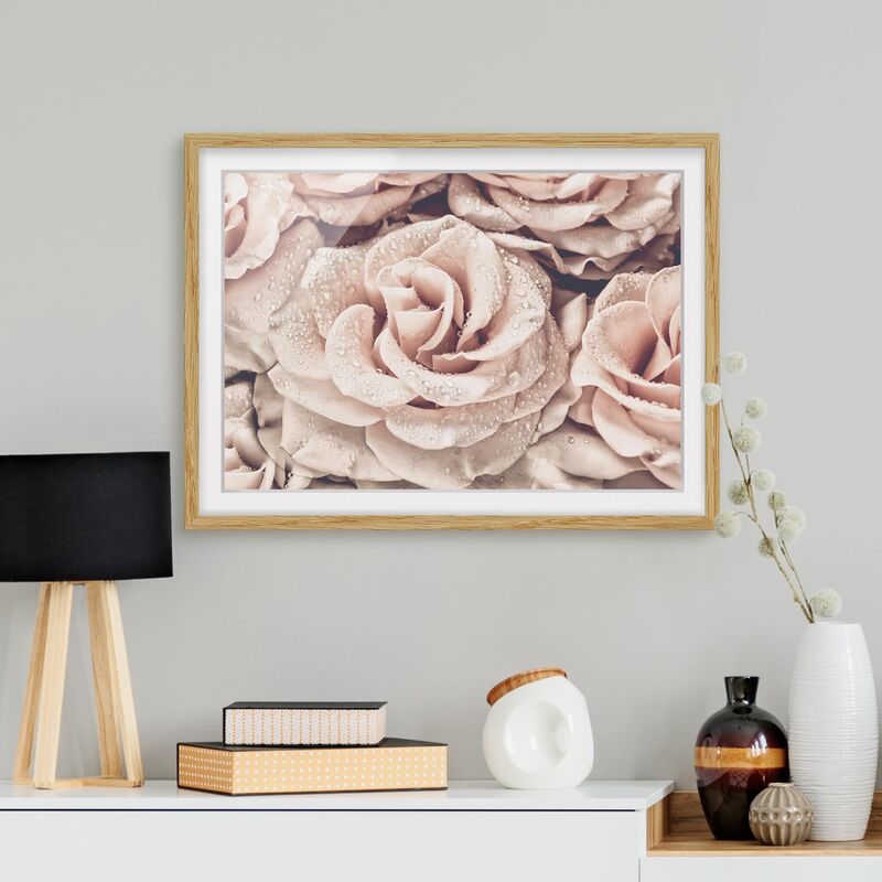 

Póster enmarcado - Roses seppia con gocce d'acqua Dimensión LxA: 70cm x 100cm, Marco: Roble