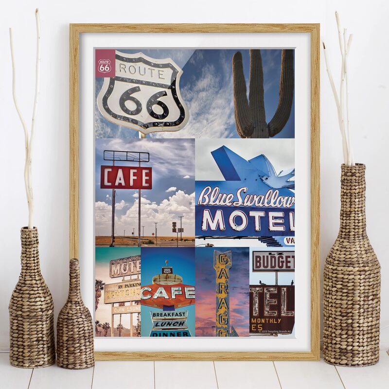 

Póster enmarcado - Route 66 - Collage Blue Motel Dimensión LxA: 100cm x 70cm, Marco: Roble