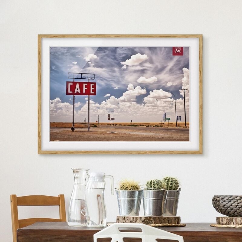 

Póster enmarcado - Route 66 - Road Cafe Dimensión LxA: 18cm x 24cm, Marco: Roble