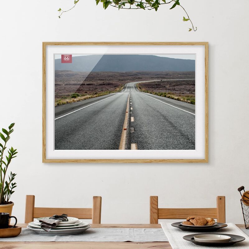 

Póster enmarcado - Route 66 - Montagne Road Trip Dimensión LxA: 40cm x 55cm, Marco: Roble