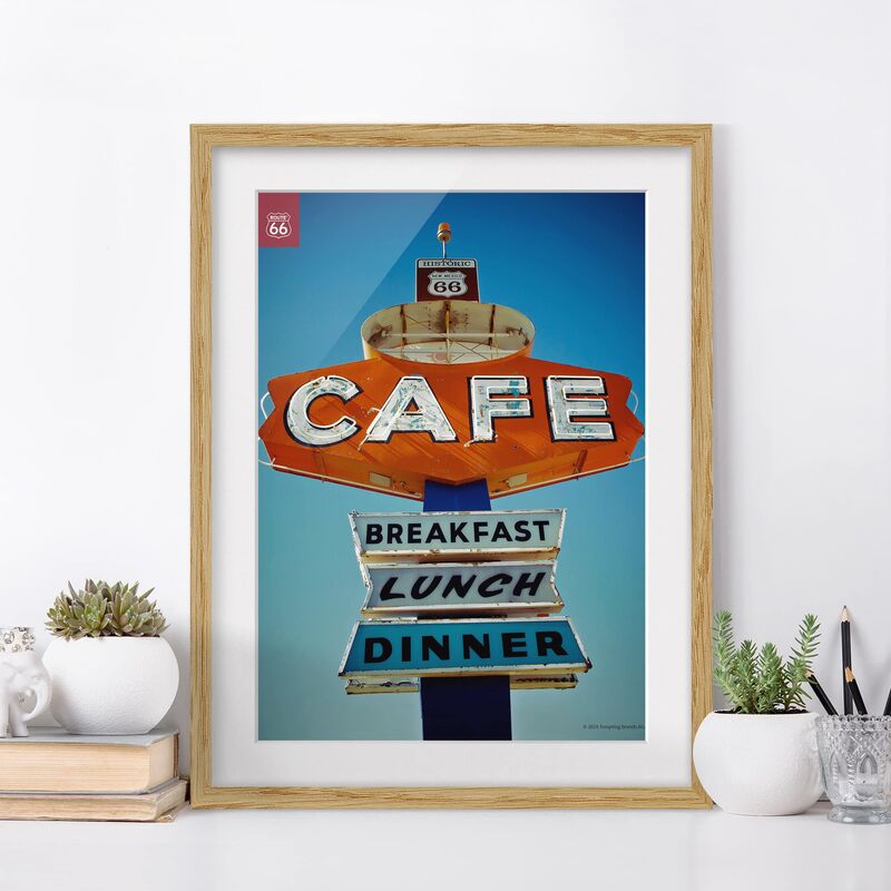

Póster enmarcado - Route 66 - Shield Café Dimensión LxA: 40cm x 30cm, Marco: Roble