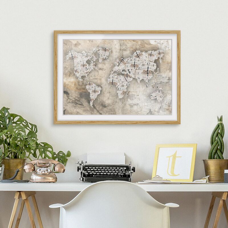 

Póster enmarcado - Shabby Watches World Map Dimensión LxA: 18cm x 24cm, Marco: Roble