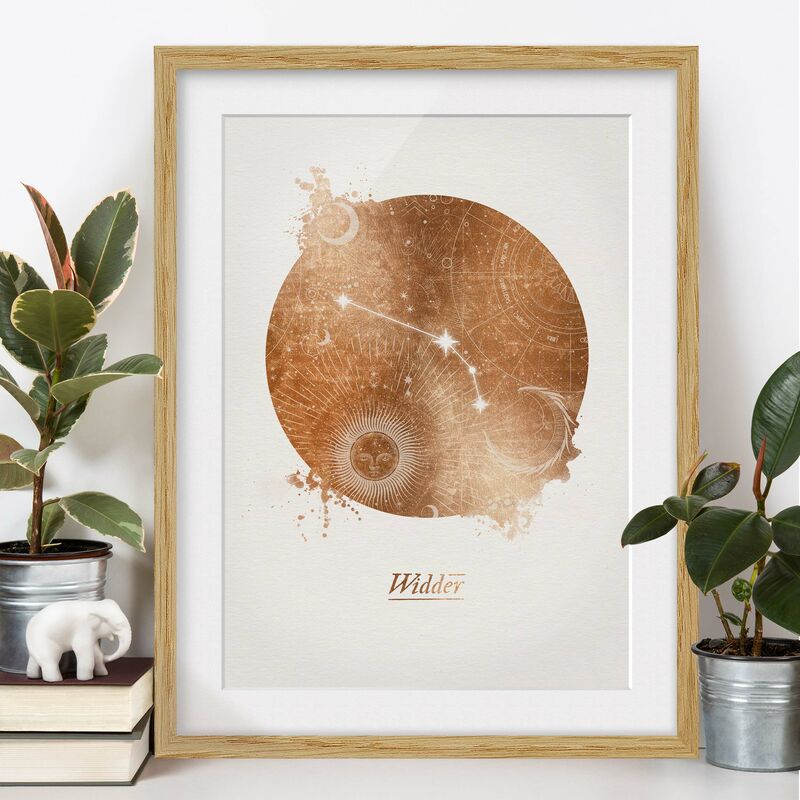 

Póster enmarcado - Segno zodiacale Ariete oro Dimensión LxA: 24cm x 18cm, Marco: Roble