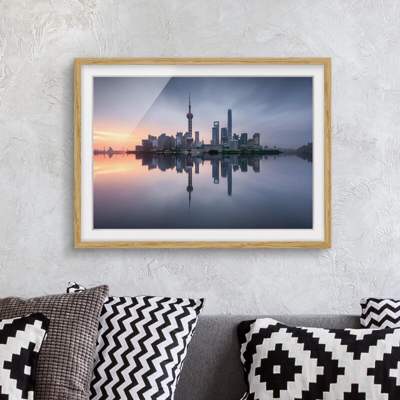 

Póster enmarcado - Skyline di Shanghai Mattina Mood Dimensión LxA: 70cm x 100cm, Marco: Roble