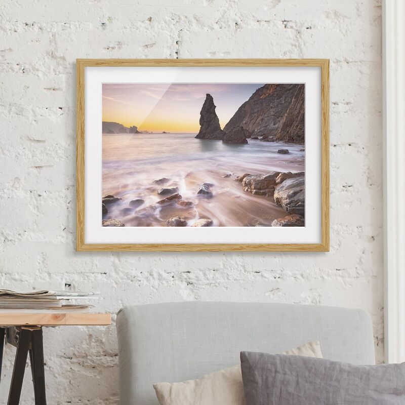 

Póster enmarcado - Spanish Beach At Sunrise Dimensión LxA: 70cm x 100cm, Marco: Roble