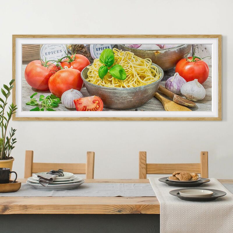 

Póster enmarcado - Spagetthi Con Basilico Dimensión LxA: 40cm x 100cm, Marco: Roble