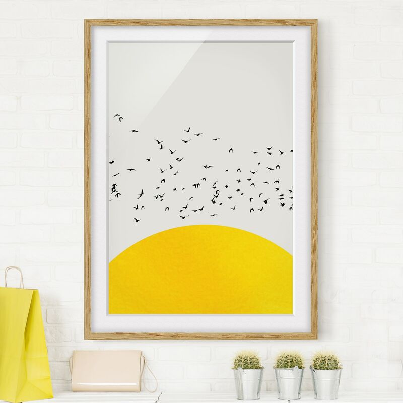 

Póster enmarcado - Stormo di uccelli davanti al sole dorato Dimensión LxA: 100cm x 70cm, Marco: Roble