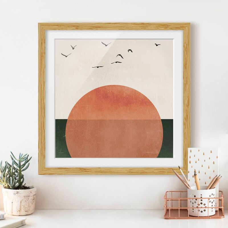 

Póster enmarcado - Stormo di uccelli allo spuntar del sole Dimensión LxA: 70cm x 70cm, Marco: Roble