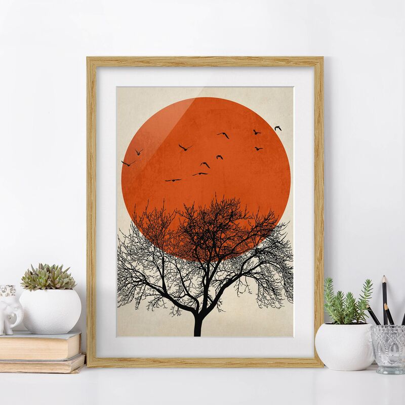 

Póster enmarcado - Stormo di uccelli su sole rosso II Dimensión LxA: 70cm x 50cm, Marco: Roble