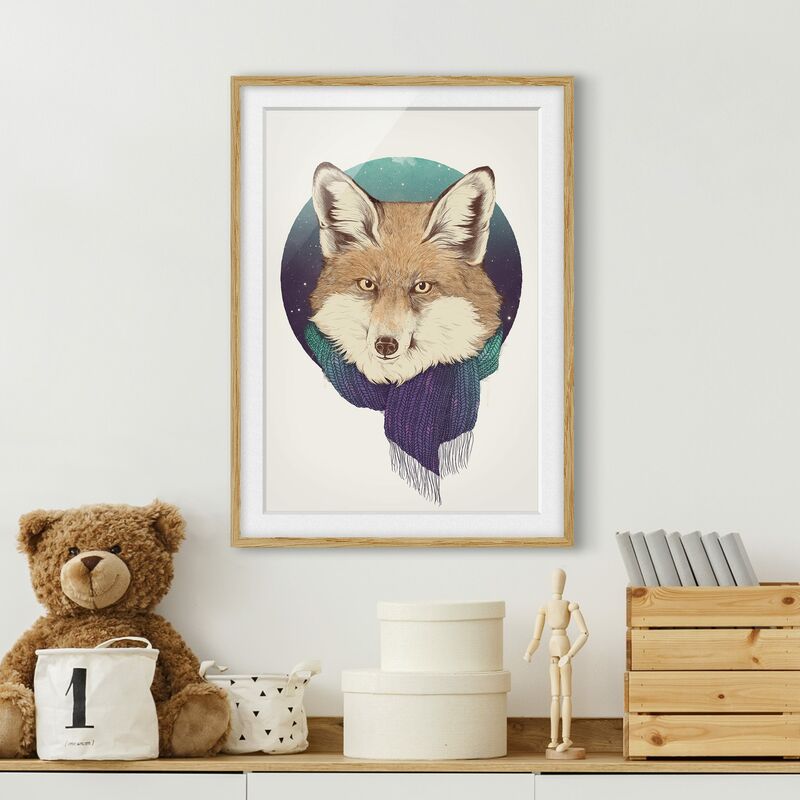 

Póster enmarcado - Illustrazione Fox Luna Viola Turchese Dimensión LxA: 100cm x 70cm, Marco: Roble